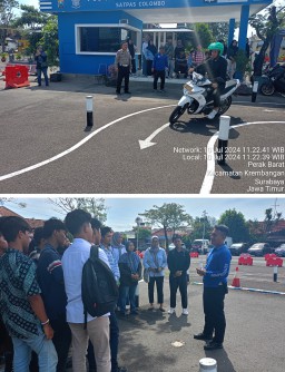 Kolektif Siswa SMA Negeri 17 Surabaya, Mendengarkan Arahan Petugas Satpas Colombo Materi dengan Tata Cara Ujian Praktek Roda 4 dan Roda 2