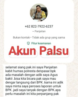 Waspada Akun dan Nomer Palsu Atas Nama Pejabat Polda Bali