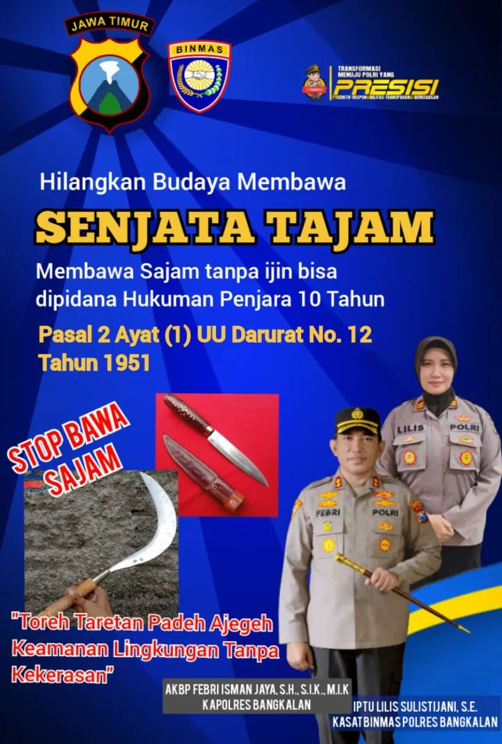 Ini Pesan Kapolres Bangkalan: Hilangkan Budaya Membawa Senjata Tajam, Tanpa Ijin Bisa Dipidana Hukuman Penjara 10 Tahun