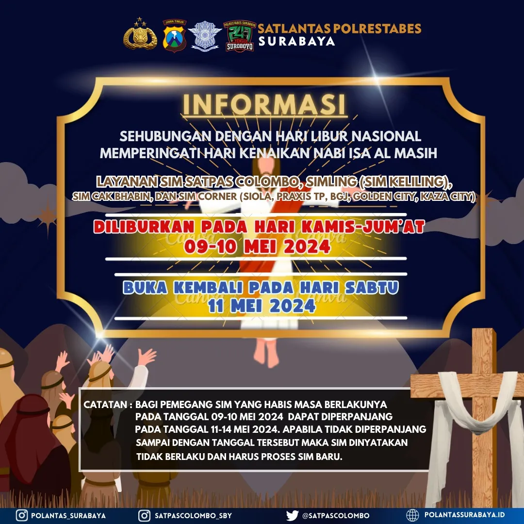 Libur Nasional Kenaikan Isa Al Masih, Layanan SIM Satpas Colombo Surabaya, Tutup 2 Hari Berikut Dispensasi yang Diberikan