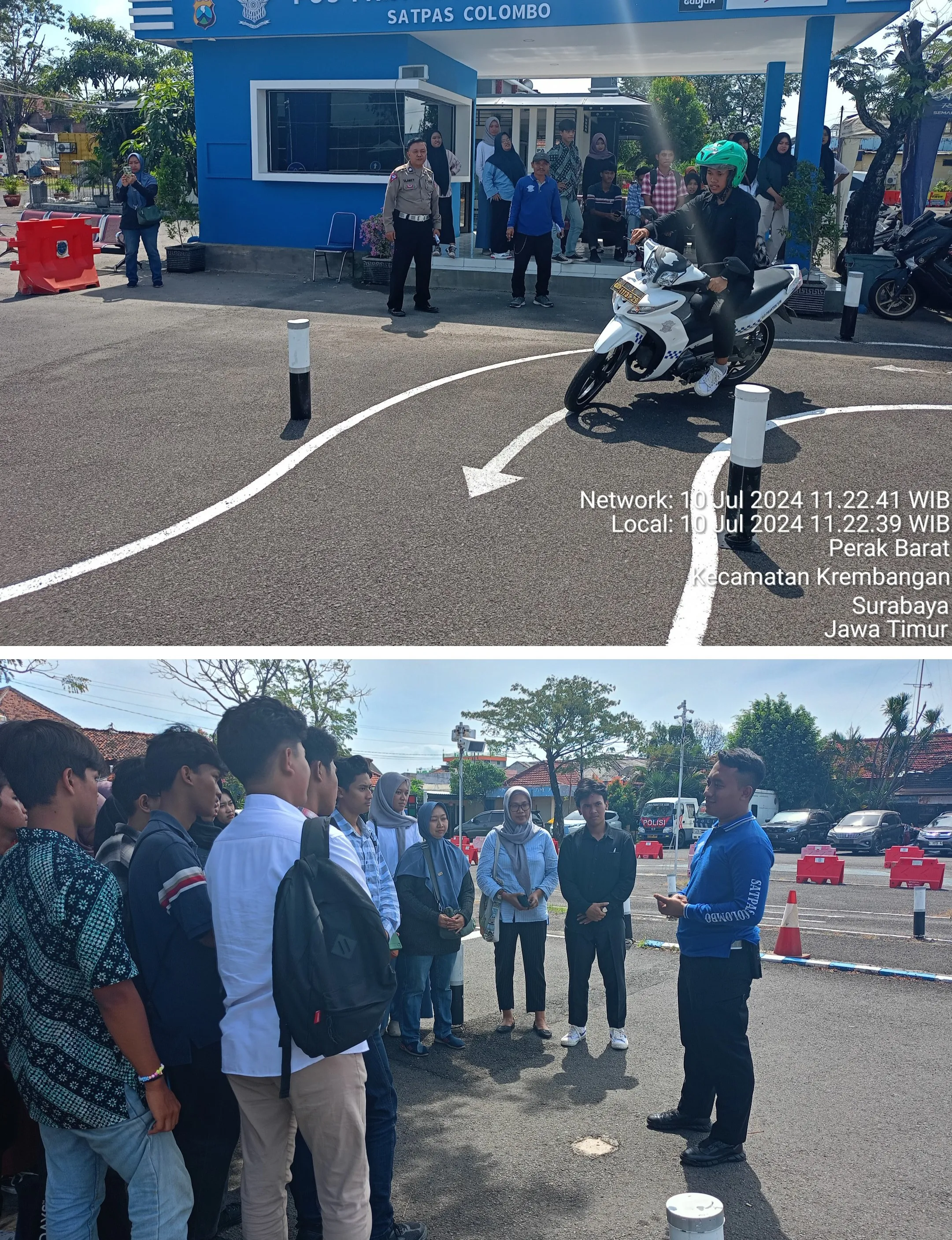Kolektif Siswa SMA Negeri 17 Surabaya, Mendengarkan Arahan Petugas Satpas Colombo Materi dengan Tata Cara Ujian Praktek Roda 4 dan Roda 2