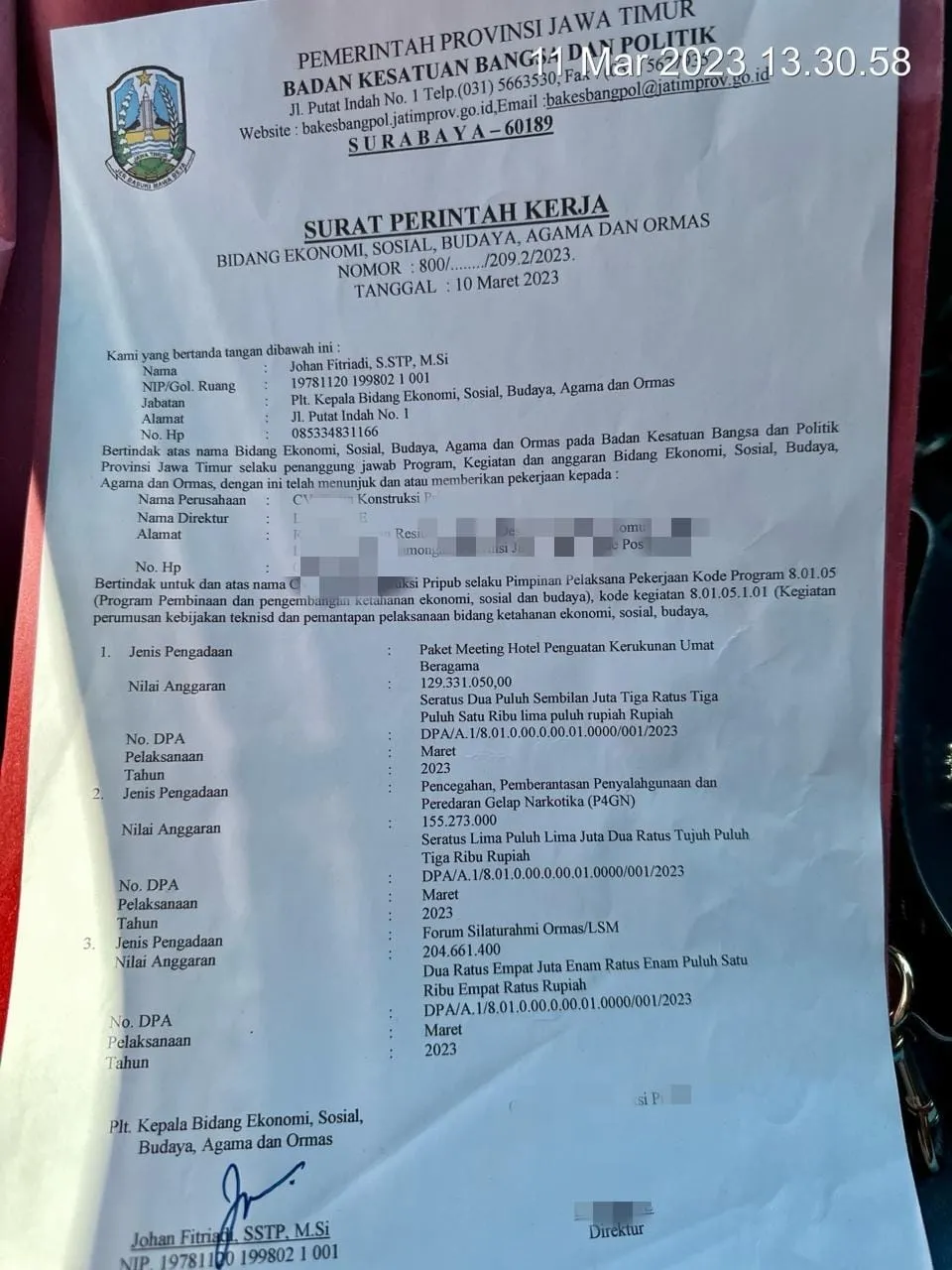 Tipu Rekanan Rp 100 Juta, Mantan Oknum Kabid Bakesbangpol Jawa Timur Dilaporkan Ke Gubernur