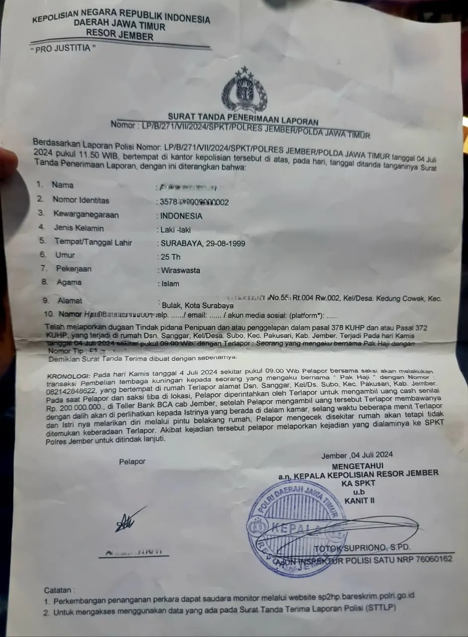 Lambanya Penanganan Perkara di Polres Jember, Korban Penipuan Penggelapan Pertanyakan Kinerja Penyidik