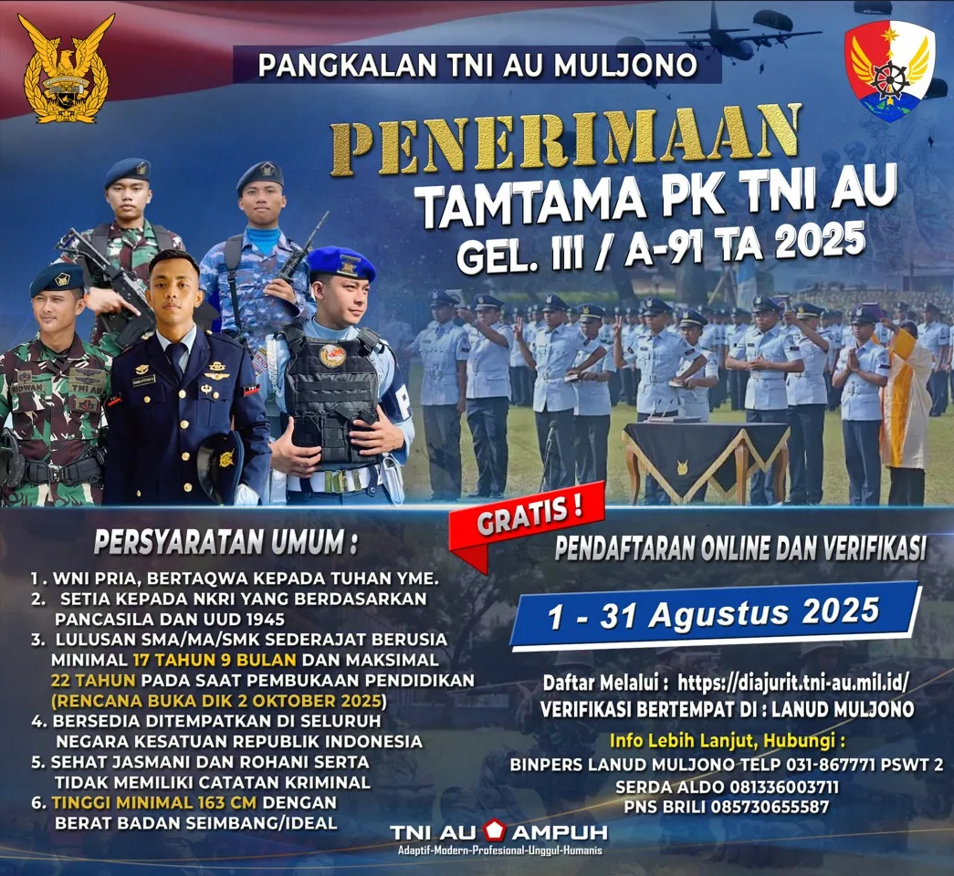 Lanud Muljono Buka Rekrutmen Tamtama PK TNI AU Gelombang III/A-91 Tahun 2025, Cek Link Pendaftarannya
