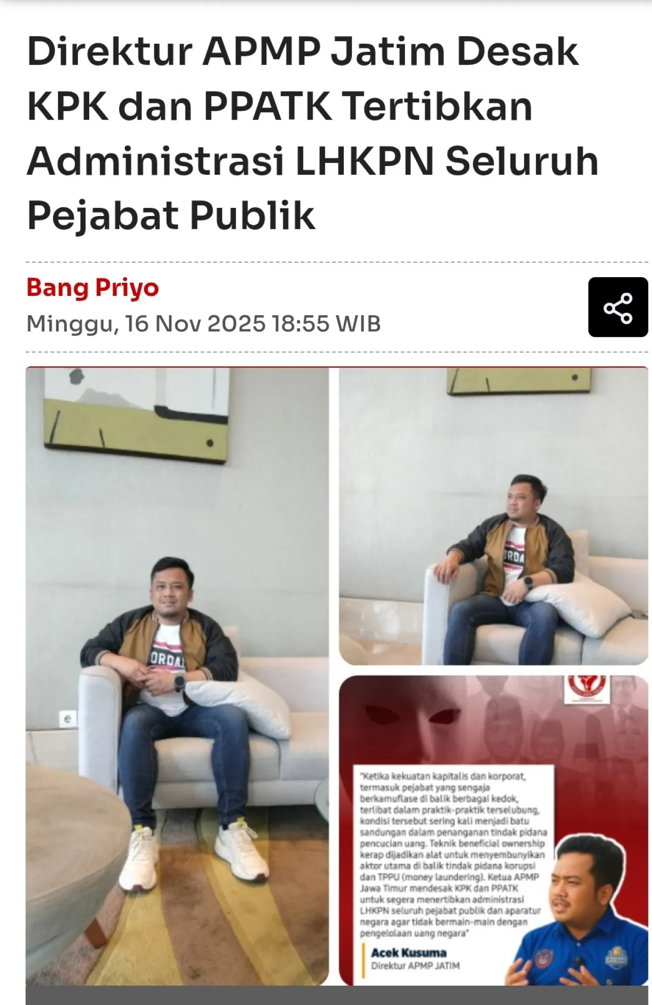 Direktur APMP Jatim Desak KPK dan PPATK Tertibkan Administrasi LHKPN Seluruh Pejabat Publik