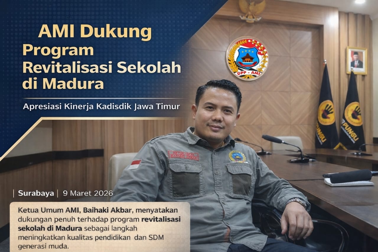 Ketua Umum AMI, Baihaki Akbar, menyatakan dukungan terhadap program revitalisasi sekolah di Madura guna meningkatkan kualitas pendidikan, di Surabaya, Senin (9/3/2026).