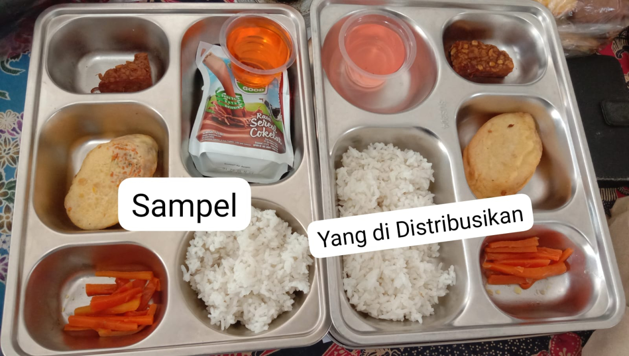 ‎Dua menu MBG yang berbeda, sebelah kiri merupakan sampel dengan tambahan susu kemasan, sementara sebelah kanan adalah menu yang didistribusikan kepada siswa tanpa susu/istimewa/Bn.