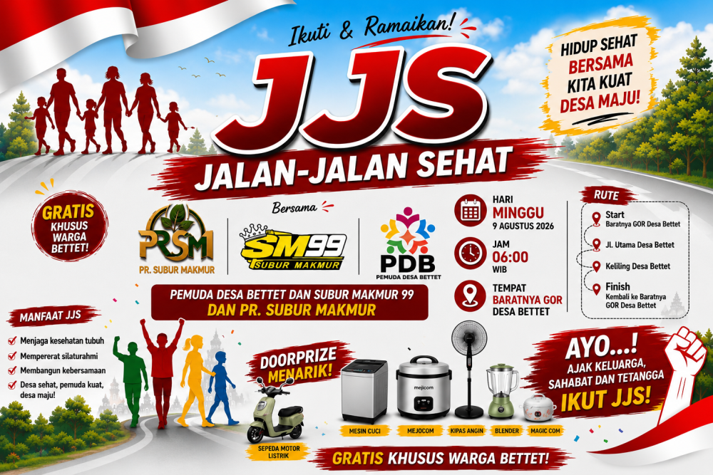 Pamflet Jalan Jalan Sehat Desa Bettet dalam rangka HUT Ke 81 RI, Minggu, 9 Agustus 2026, dengan hadiah utama satu unit sepeda motor listrik/ill/Bn.