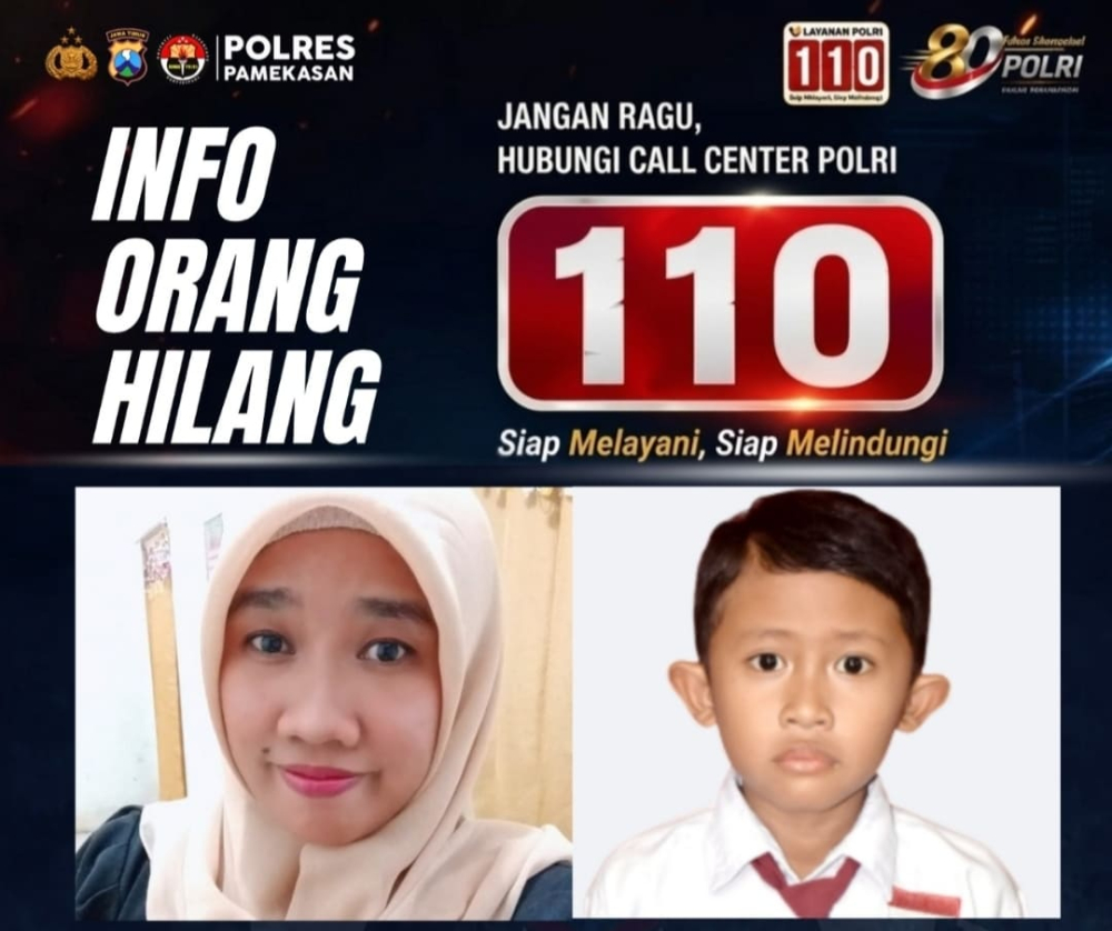 Pamflet informasi orang hilang yang dirilis Polres Pamekasan. Masyarakat yang mengetahui keberadaan keduanya diminta segera melapor ke Call Center Polri 110/Istimewa/Bn.