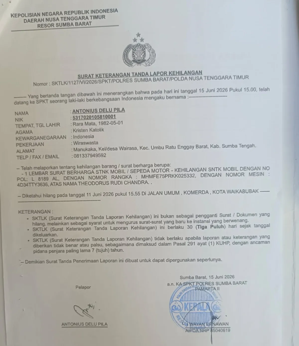 STNK Mitsubishi Colt Diesel L 8189 AL Hilang di Waikabubak, Pemilik Minta Bantuan Warga